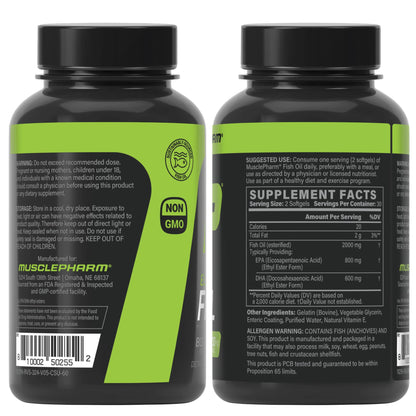 MusclePharm Essentials Fish Oil, Elite Omega 3 Supplements - Promotes Joint Health, Muscle Performance, Brain, Heart & Immune Support, 2000mg Omega 3 Fish Oil Per Serving - 60 Softgels (30 Servings)