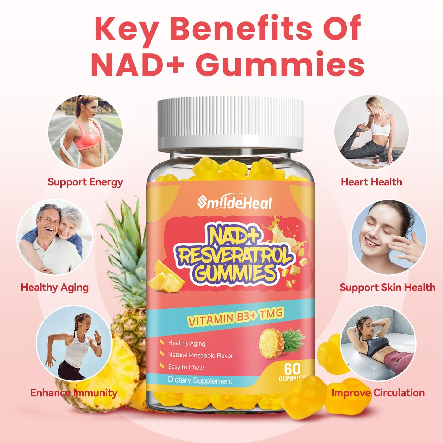 NAD+ Resveratrol Gummies NAD+ Supplement 500mg with Vitamin B3 & TMG – Healthy Aging, Energy & Cellular Health Support – Vegan Friendly, Natural Pectin – 60 Gummies, 30-Day Supply