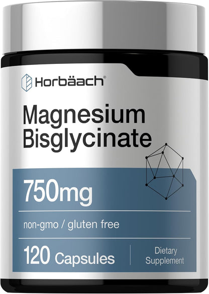 Horbäach Magnesium Bisglycinate | 120 Capsules | 750mg | Non-GMO and Gluten Free Supplement