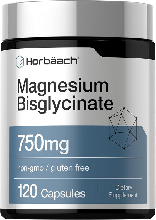 Horbäach Magnesium Bisglycinate | 120 Capsules | 750mg | Non-GMO and Gluten Free Supplement