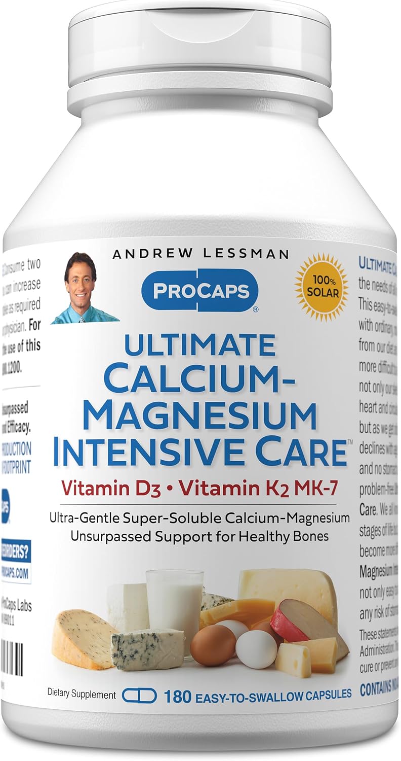 ANDREW LESSMAN Ultimate Calcium-Magnesium Intensive Care with Vitamin D3 & K2 MK7-120 mcg - 180 Capsules – Bone and Skeleton Health Essentials. Gentle, Easy to Swallow, Super Soluble. No Additives