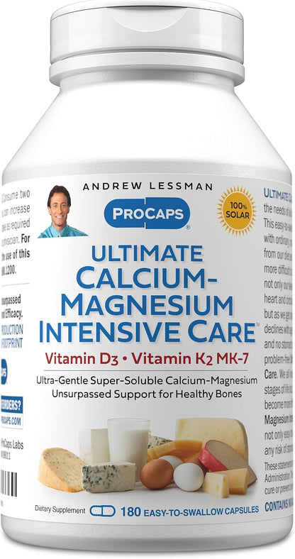 ANDREW LESSMAN Ultimate Calcium-Magnesium Intensive Care with Vitamin D3 & K2 MK7-120 mcg - 180 Capsules – Bone and Skeleton Health Essentials. Gentle, Easy to Swallow, Super Soluble. No Additives