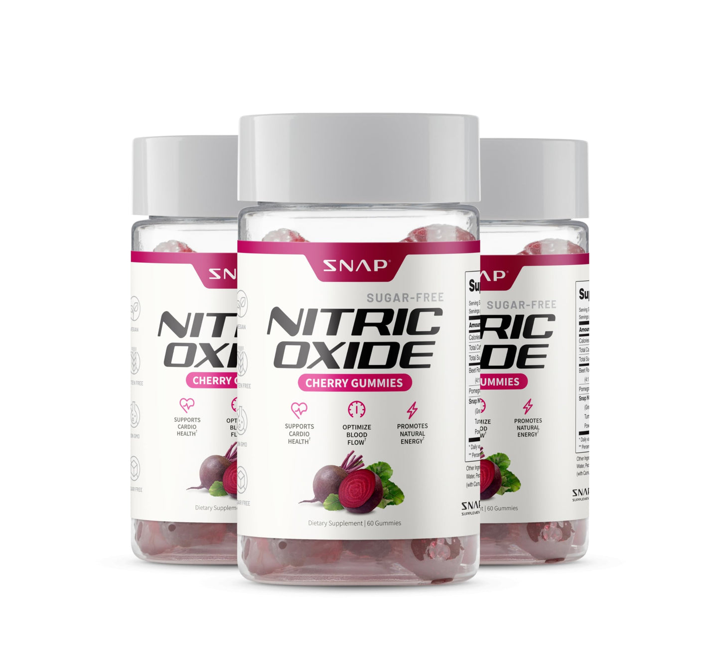 Snap Supplements Nitric Oxide Beet Root Gummies, Cherry, 60 Count (2-Pack) | Sugar Free, For Men & Women, Heart Health & Circulation, Organic Beetroot Extract, Natural Energy, B12, Beets Gummies
