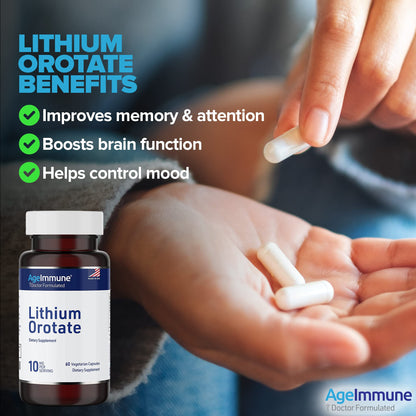 Lithium Orotate 10mg per Capsule - 60 Vegetarian Capsules. Memory and Emotional Wellness Support - Magnesium Stearate Free - 2 Months Supply of Lithium Supplement.