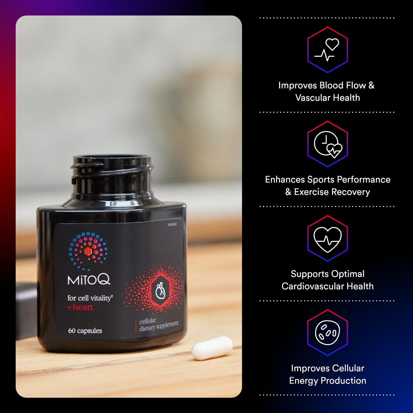 MitoQ +Heart Advanced CoQ10 Antioxidant - Heart Health Supplement with L-Carnitine, Magnesium, & Vitamin D3 - Supports Cardiovascular Health, Blood Flow, and Cellular Energy (60 Capsules)