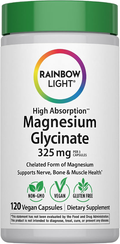 Rainbow Light Magnesium Glycinate 325 mg | 120 Capsules | High Absorption, Chelated Form of Magnesium | Supports Nerve, Bone, & Muscle Health | Vegan, Non-GMO and Gluten Free