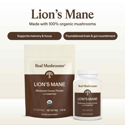 Real Mushrooms Lions Mane Mushroom Cognition (120 Capsules) Lions Mane Mushroom Powder Extract Capsules | Brain Supplement, Brain Vitamins, Focus Supplement