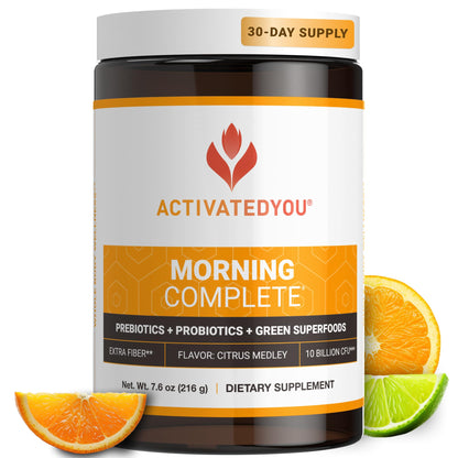 ACTIVATEDYOU Morning Complete Daily Wellness Greens Superfood Drink Mix for Gut Health w/Prebiotics, Probiotics, Antioxidants, Green Superfoods, 10 Billion CFUs, 30 Servings (Citrus)