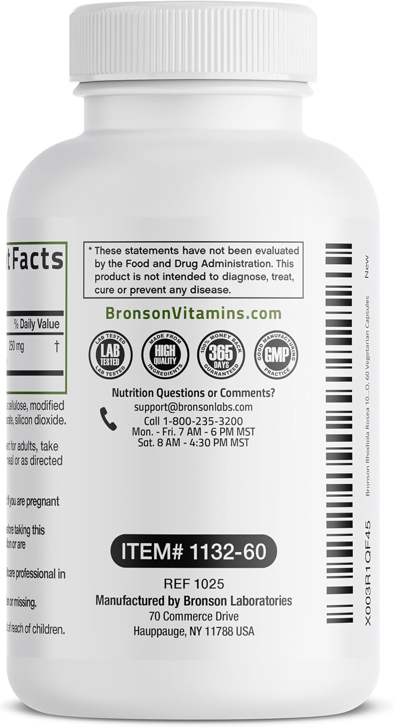 Bronson Rhodiola Rosea Adaptogen for Stress, Mood & Energy, 60 Capsules | Brain Health Support, Vegetarian, Non-GMO, Gluten-Free & Soy-Free