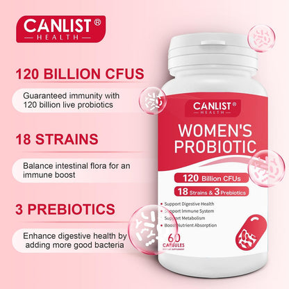 CANLIST Women's Probiotics 120 Billion CFUs 18 Strains 3 Prebiotics & Digestive Enzymes Contains Organic Prebiotic Cranberry Women's Health Digestive & Immune Support Non-GMO, 60 Capsules