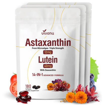 14-in-1 Astaxanthin 12mg & Lutein 40mg with Zeaxanthin Supplements, 6 Month Supply, Fresh Microalgae Source, Supports Eye, Skin, Antioxidant, Joint, Circulatory Health Non-GMO Gluten Free 180 Softgels