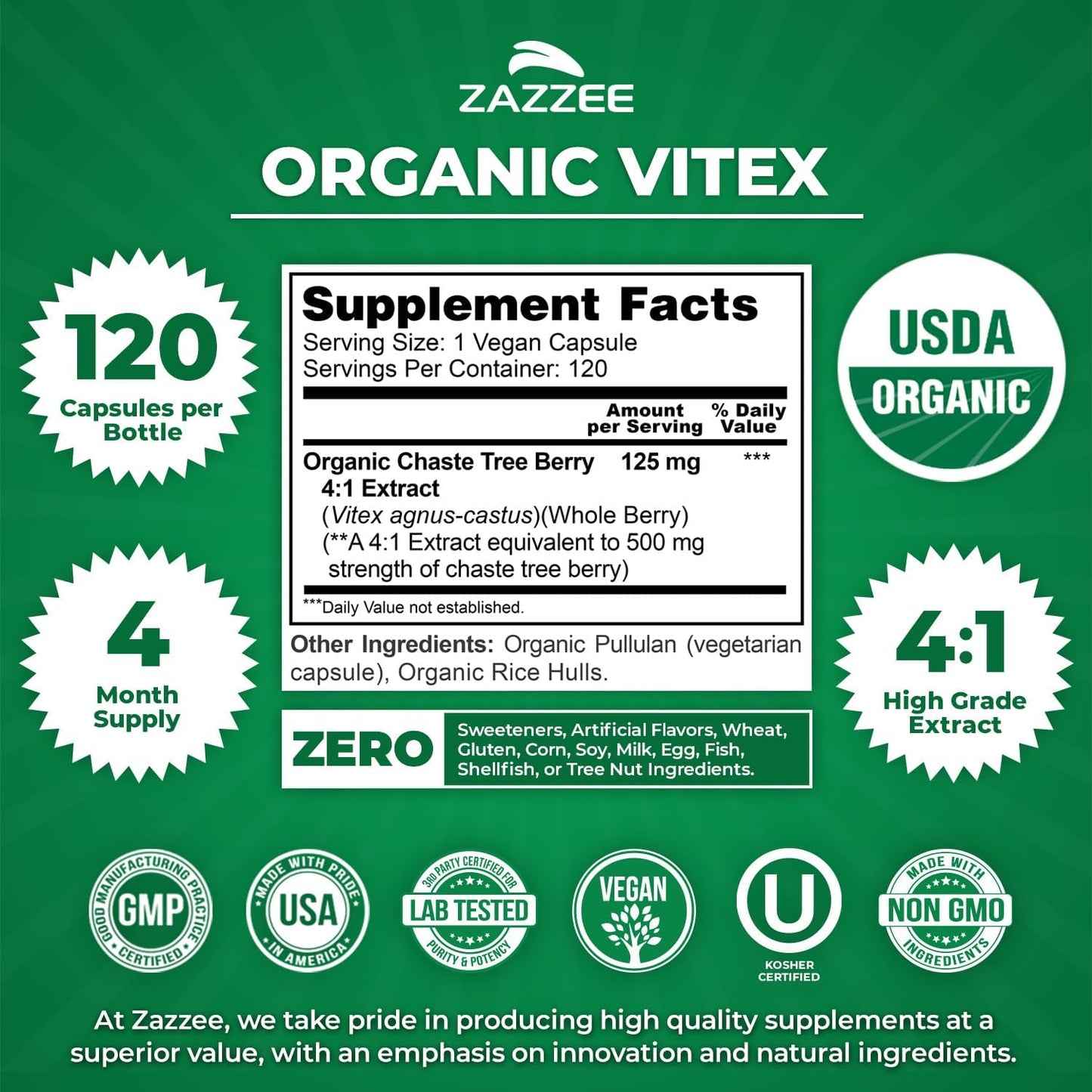 Zazzee USDA Organic Vitex 4:1 Extract, 120 Vegan Capsules, 4 Month Supply, Chaste Berry, Hormonal Balance & Cycle Support for Women, Certified Kosher, Vitex Agnus-Castus, Non-GMO, Made in the USA