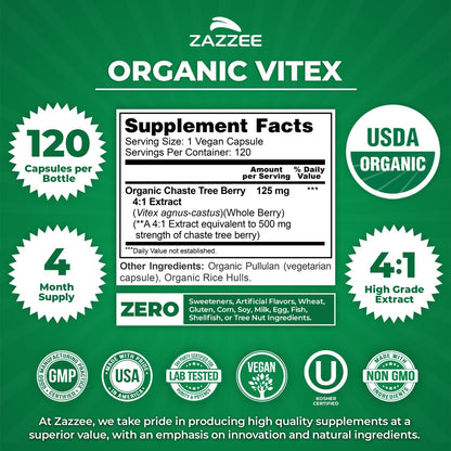 Zazzee USDA Organic Vitex 4:1 Extract, 120 Vegan Capsules, 4 Month Supply, Chaste Berry, Hormonal Balance & Cycle Support for Women, Certified Kosher, Vitex Agnus-Castus, Non-GMO, Made in the USA