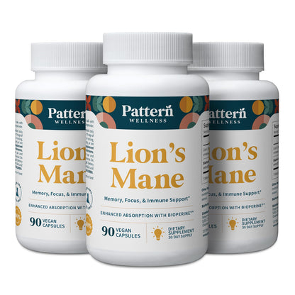Pattern Wellness Lion’s Mane Mushroom Supplement – 90 Vegan Capsules | Supplement Capsules for Cognitive & Focus Support – Enhanced Absorption