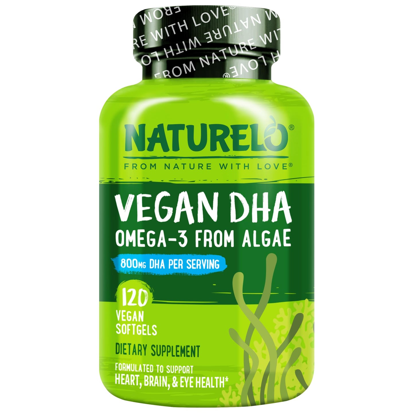 NATURELO Vegan DHA, Vegan Omega 3 Supplement, 120 Softgels, Supports Brain/Heart/Eye Health, Complements Prenatal Vitamins, Essential Fatty Acids, Omega 3 Supplement for Women & Men