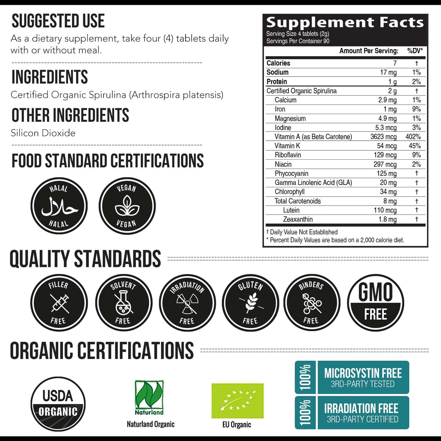 Organic Spirulina Tablets (360 Tablets) - Made with Parry® Spirulina, The Best Spirulina in the World, Highest Nutrient Density - Non-Irradiated, 3 Organic Certifications (90 Servings)
