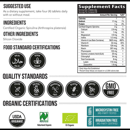 Organic Spirulina Tablets (360 Tablets) - Made with Parry® Spirulina, The Best Spirulina in the World, Highest Nutrient Density - Non-Irradiated, 3 Organic Certifications (90 Servings)