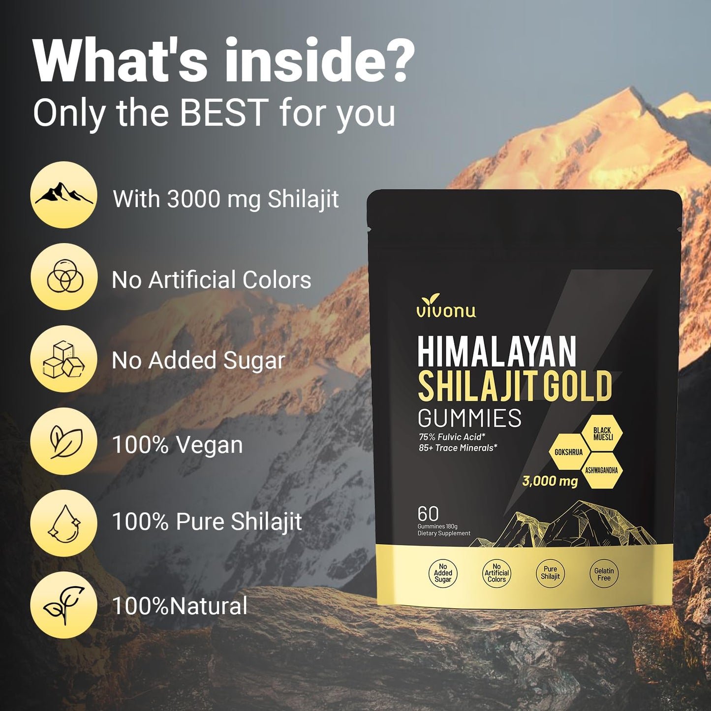 VivoNu Shilajit* Gummies,Pure Himalayan* micronutrient Supplement, Himalayan Premium Ingredient with Shilajit, Ashwagandha, Gokshura, Fulvic Acid & 85+ Trace Minerals I for Men & Women (4000MG/1 Bag)