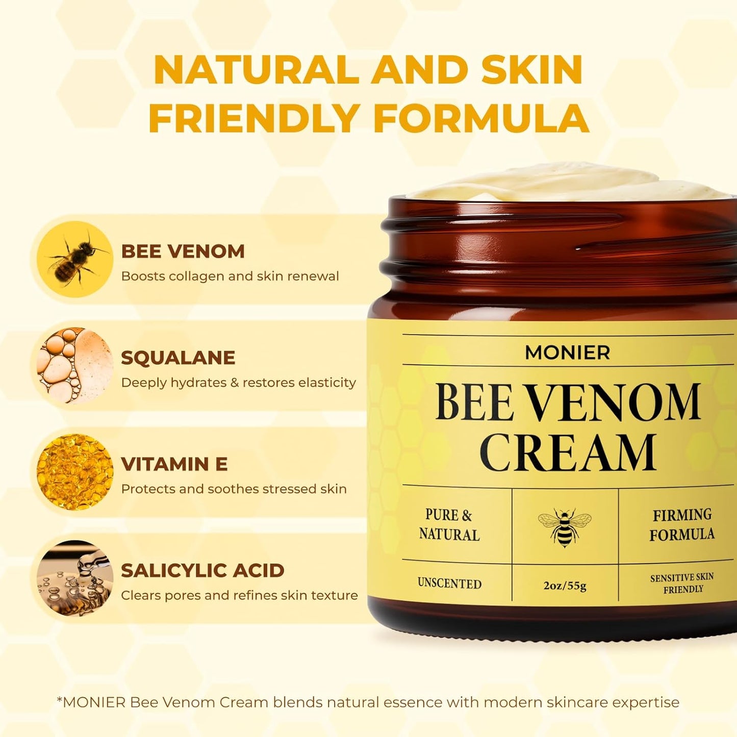 MONIER Bee Venom Cream | Hydrating, Smoothing, Firming, Wrinkle-Reducing | Comprehensive Bee Venom Skin Treatment Cream (Enhanced Formula)