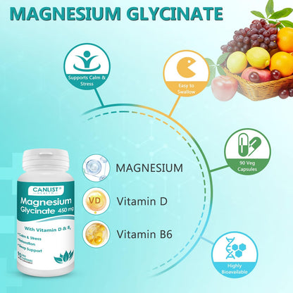CANLIST Magnesium Glycinate Supplements 450mg for Bone & Muscle Health, Supports Deep Sleep, Muscle Relaxation & Stress Relief, High Absorption, Vegan, Non-GMO, 90 Capsules