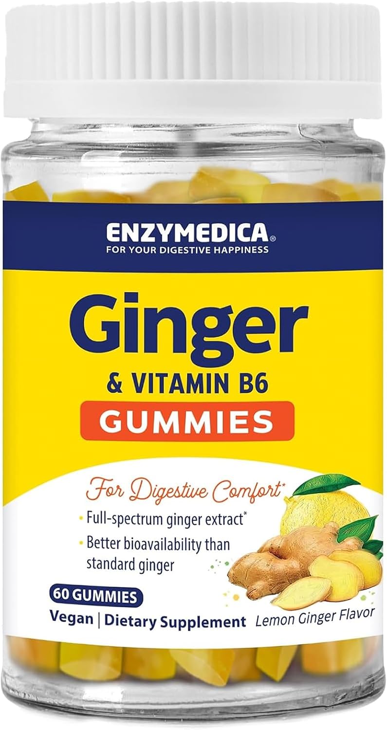 Enzymedica Ginger Root & Vitamin B6 Gummies for Adults, 60 Count | Daily Support for Digestive Comfort and Travel Wellness