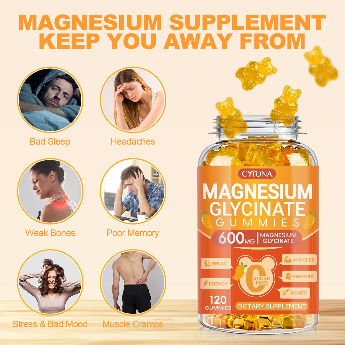 Magnesium Glycinate Gummies 600mg, Sugar Free Magnesium Gummies for Adults