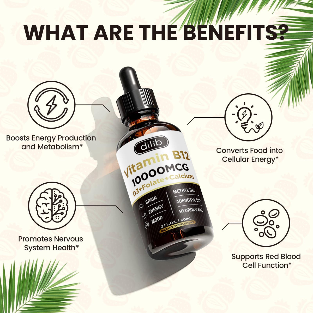 dilib Vitamin B12 Complex 10000 mcg | Vegan Triple Liquid B-12 Drops Sublingual Supple