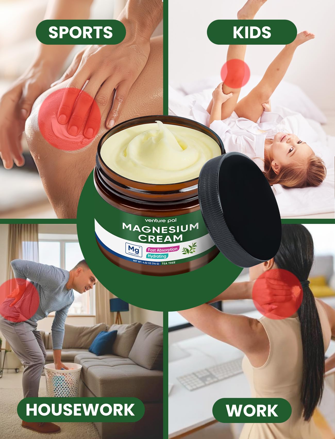 Venture Pal Topical Magnesium Cream, Highly Concentrated Magnesium Lotion | Fast-Absorbing Magnesium Moisturizing Cream with Coconut Oil, Shea Butter & Hyaluronic Acid; Suitable for Kids