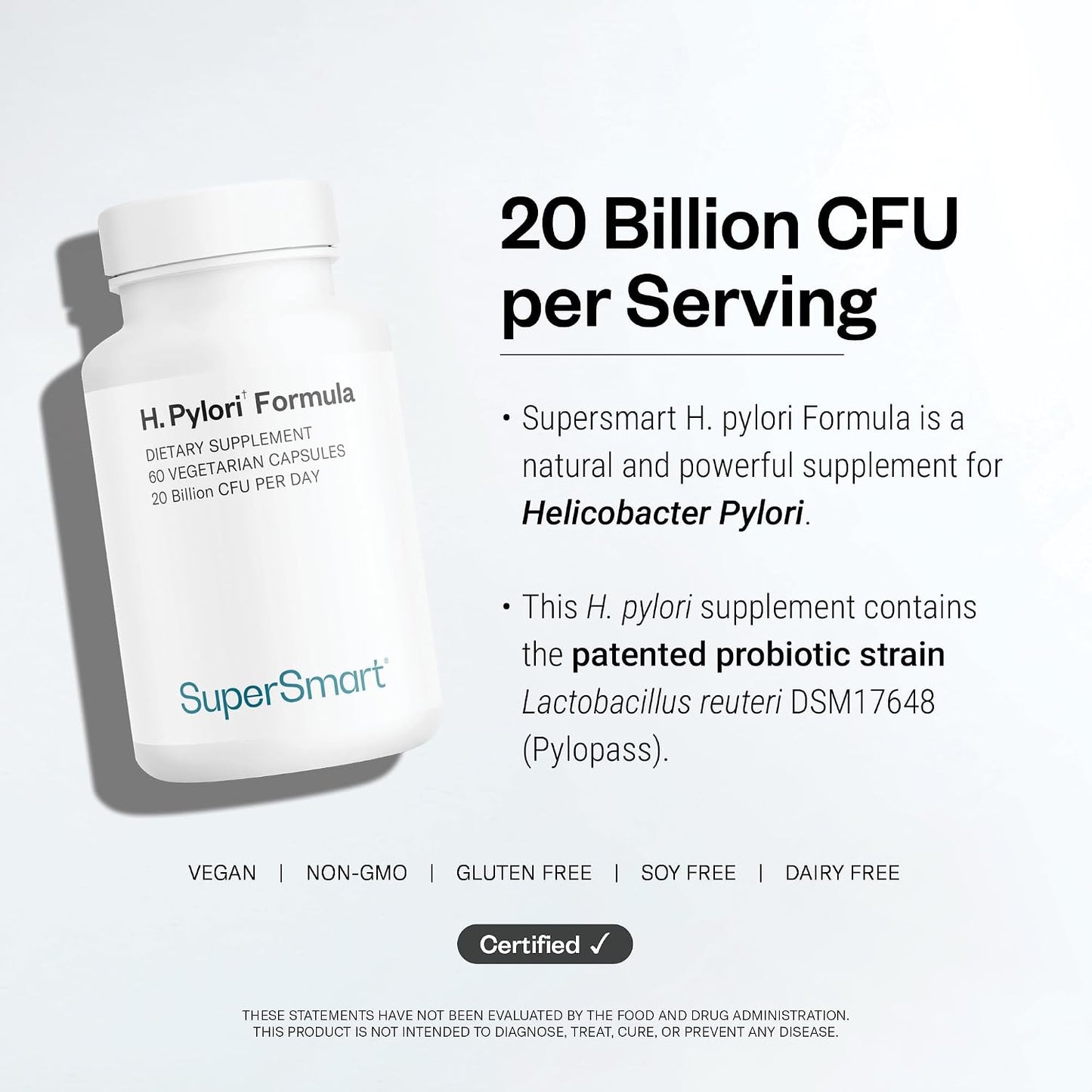 Supersmart H. Pylori Formula 20 Billion CFU per Day - Natural Probiotic Lactobacillus Reuteri DSM 17648 Supplement | Non-GMO & Gluten Free - 60 Vegetarian Capsules