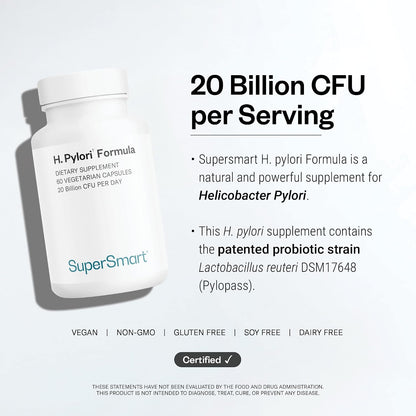 Supersmart H. Pylori Formula 20 Billion CFU per Day - Natural Probiotic Lactobacillus Reuteri DSM 17648 Supplement | Non-GMO & Gluten Free - 60 Vegetarian Capsules