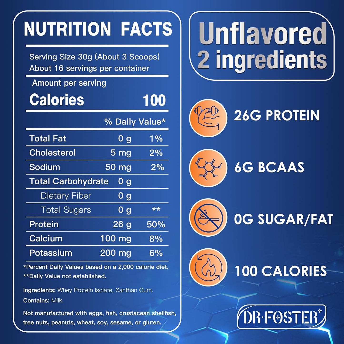 DRFOSTER Whey Protein Isolate Powder Unflavored, 26g Protein, 1.1 lbs | Grass Fed Whey Isolate, Muscle Recovery & Growth, Fitness Goal, Post-Workout, Sugar Free, Keto Friendly, Non-GMO, Low Calorie