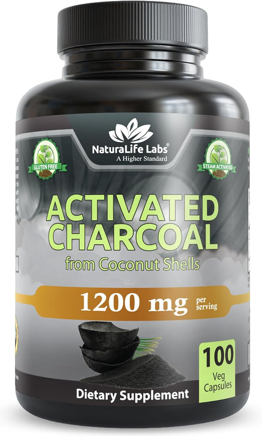 NaturaLife Labs Activated Charcoal 1200 mg per Serving – from Coconut Shells – 100 Veg Capsules – Non-GMO, Gluten-Free, Vegan