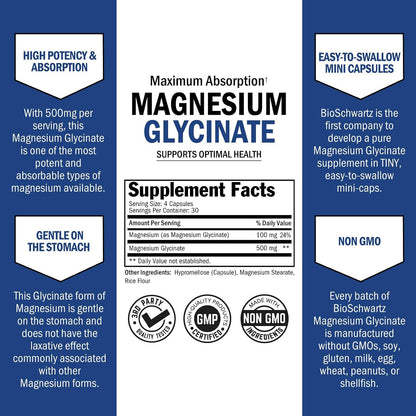 Magnesium Glycinate 500mg Per Serving | Max Absorption | 120 Mini Capsules