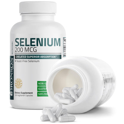 Bronson Selenium 200 mcg Albion Chelated Amino Acid Complex, 250 Capsules | Yeast-Free Essential Trace Mineral, Immune, Prostate & Metabolism Support, Vegetarian, Non-GMO, Gluten-Free & Soy-Free