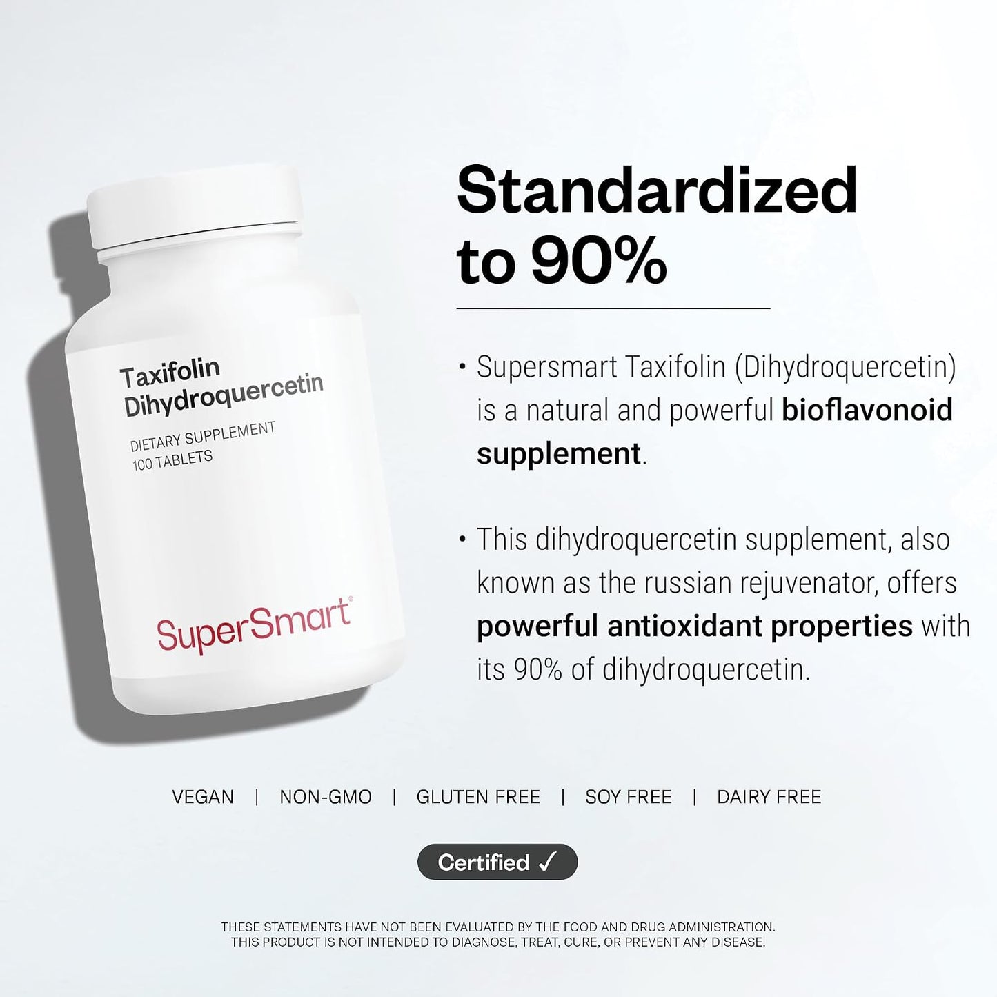 Supersmart - Taxifolin Dihydroquercetin 60mg per Day (90% DHQ Supplement) - Russian Siberian Dahurian Larch Tree Extract - Antioxidant Bioflavonoid | Non-GMO & Gluten Free - 100 Tablets