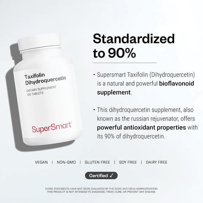 Supersmart - Taxifolin Dihydroquercetin 60mg per Day (90% DHQ Supplement) - Russian Siberian Dahurian Larch Tree Extract - Antioxidant Bioflavonoid | Non-GMO & Gluten Free - 100 Tablets