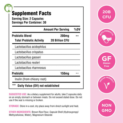 Vaginal Probiotics for Womens Health 20 Billion CFU | PH Balance & Vaginigal Odor Support 60 Capsules