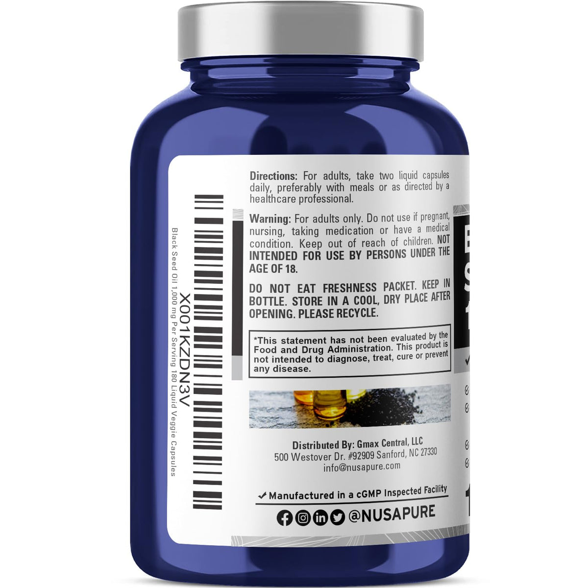 NusaPure Black Seed Oil 1,000 mg per Serving 180 Softgel Capsules (Non-GMO, Vegetarian