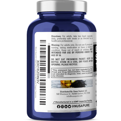 NusaPure Black Seed Oil 1,000 mg per Serving 180 Softgel Capsules (Non-GMO, Vegetarian