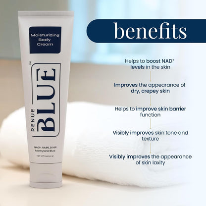 Renue Blue Methylene Blue Moisturizing Body Cream – Liposomal NAD+ Complex with Antioxidants, Peptides, and Botanical Extracts for Hydrated, Healthier‑Looking Skin