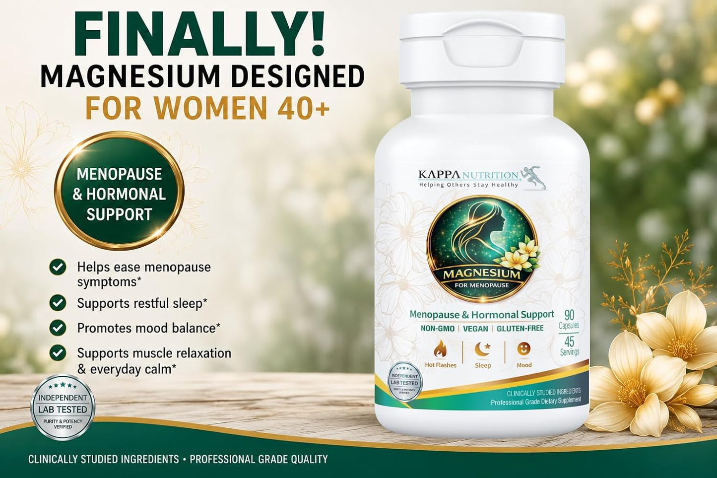Kappa Nutrition® Magnesium for Menopause | Menopause & Hormonal Support for Women 40+ | Albion® Magnesium Biocomplex | Supports Calm, Sleep & Muscle Relaxation | Vegan | 90 Capsules (45 Servings)