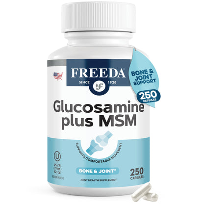 FREEDA Glucosamine 1500mg + MSM 750mg for Bone & Joint Support – 100ct | For Active Lifestyles – Supports Knees, Hips, Flexibility, & Mobility – Vegan, Kosher, Shellfish-Free, Made in USA