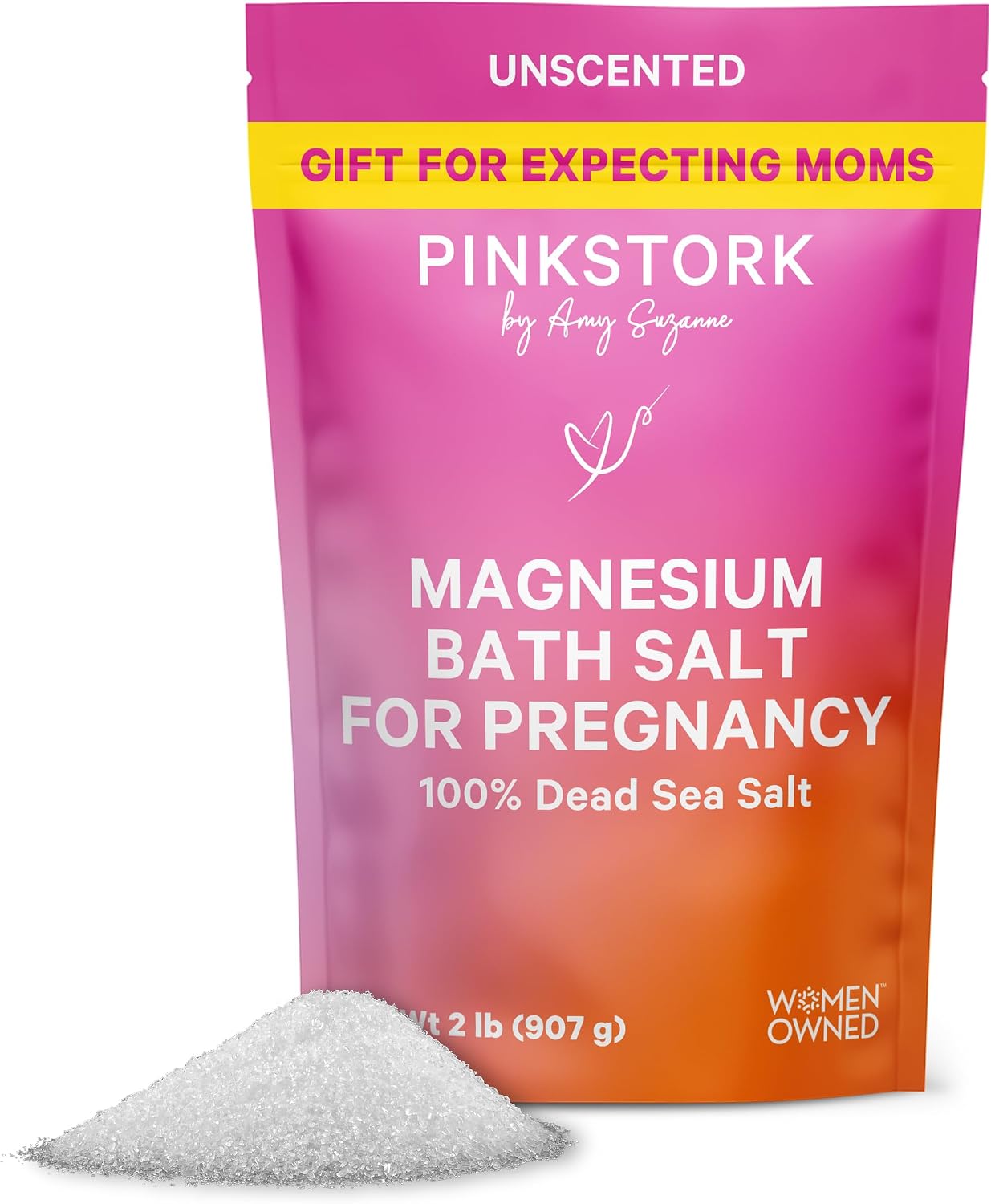 Pink Stork Pregnancy Bath Soak with Pure Magnesium Flakes, Unscented, 2 lb | 100% Dead Sea Salt, Support Pregnancy Comfort, Ease Feelings of Stress, Clean, Fragrance-Free