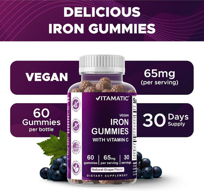 Vitamatic Iron 65 mg with Vitamin C - 60 Vegan Gummies, Made in USA | 65 mg Iron Per Serving, Natural Grape Flavor, Pectin Based, Gluten Free, Non-GMO