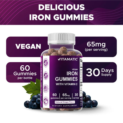 Vitamatic Iron 65 mg with Vitamin C - 60 Vegan Gummies, Made in USA | 65 mg Iron Per Serving, Natural Grape Flavor, Pectin Based, Gluten Free, Non-GMO