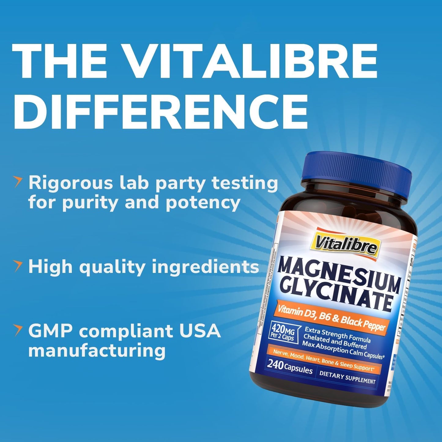 Vitalibre Magnesium Glycinate 420mg with Vitamin D3 B6, 120 Vegan Capsules | Chelated & Buffered Magnesium Supplement | High Absorption for Nerve, Bone, Heart, Mood, Sleep Support, Non-GMO