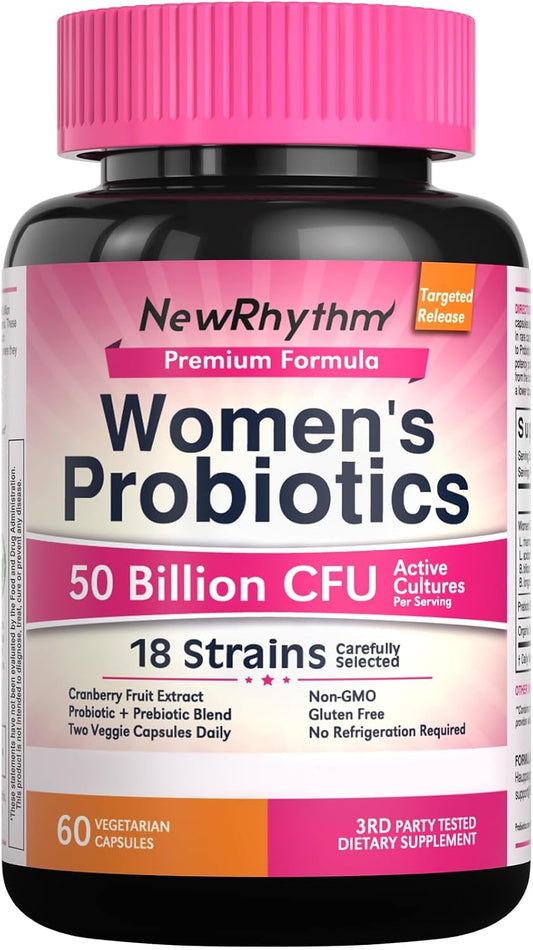 NewRhythm Women's Probiotics, Organic Cranberry, 50 Billion CFU 18 Strains, Probiotics with Prebiotics, Support Digestive Health, No Refrigeration Needed, Non-GMO, No Soy, 60 Vegan Capsules, No Dairy