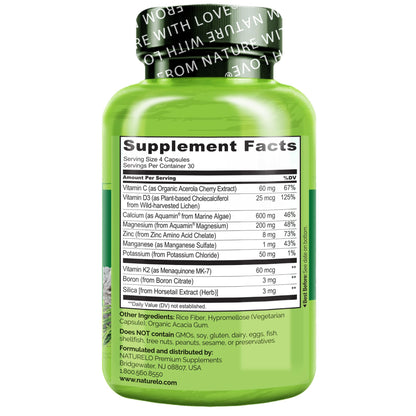 NATURELO Calcium Supplement - with Vitamin C, Vitamin D3, K2, and Calcium Magnesium Zinc for Bone Strength with Calcium 600mg - Plant-Based, 120 Vegetarian Capsules, Non-GMO, Soy & Gluten-Free