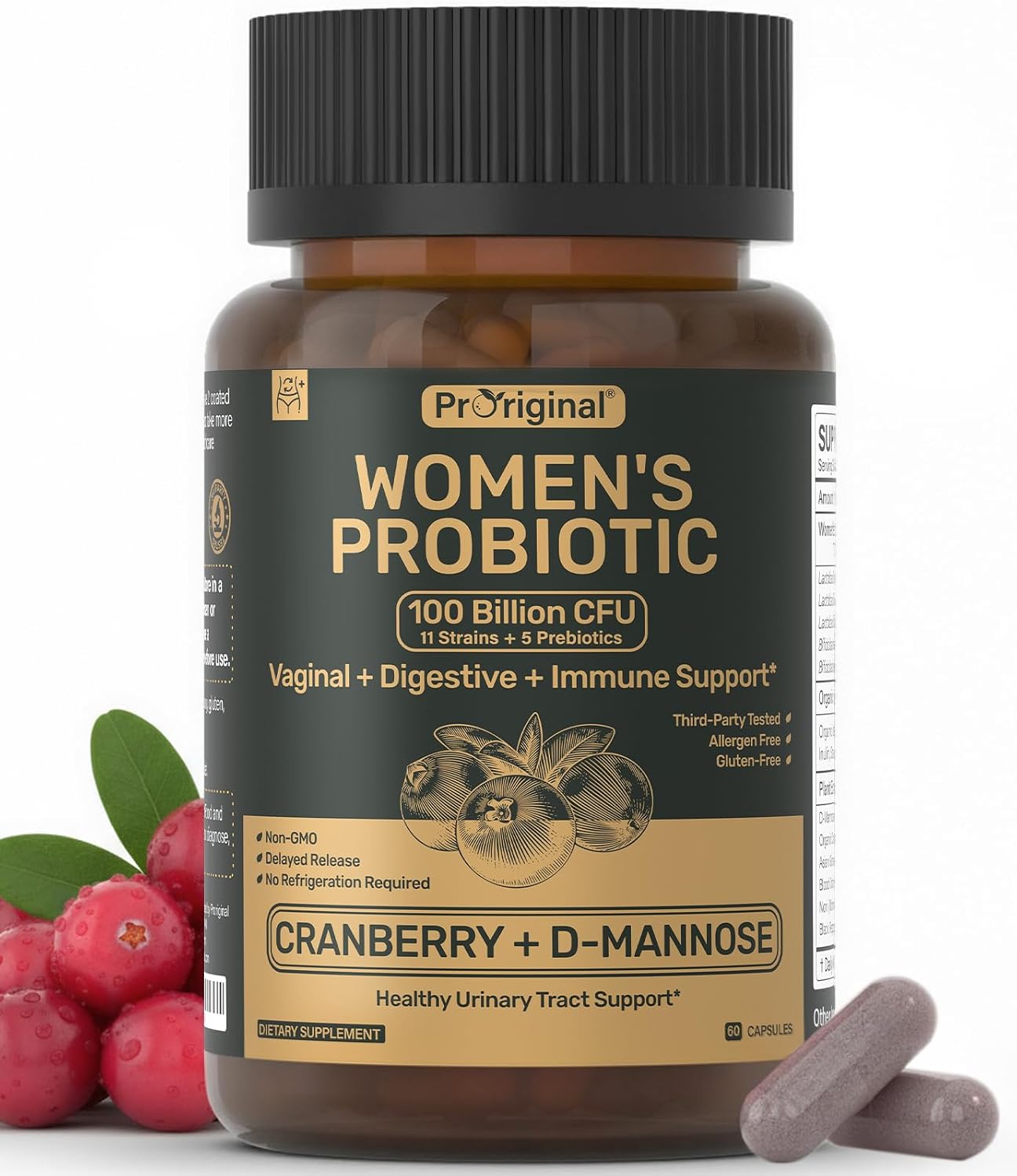 Probiotics for Women - 100 Billion CFU, 11 Strains - 60 Caps | Prebiotics, Cranberry Extract, D-Mannose - Women’s Probiotic for Digestive, Vaginal, Urinary Health & pH Balance - Non-GMO