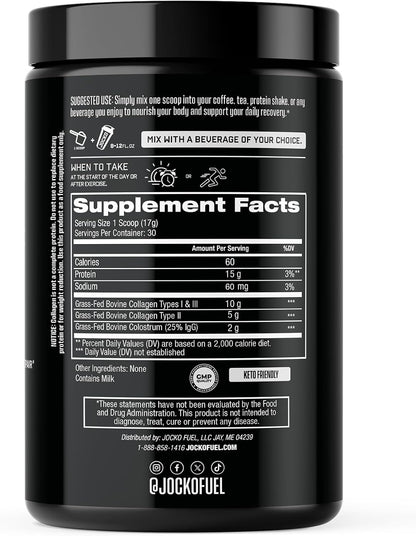 Jocko Fuel Collagen Powder with Colostrum – 15g Hydrolyzed Collagen + 2g First-Milking Colostrum – Dual Action for Gut Health, Joint Support, and Immune Defense – Recovery Supplement (30 Servings)